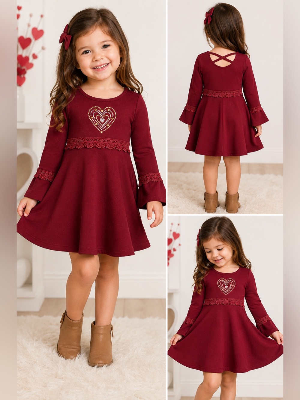 RMLA Girls 4T Burgundy Rhinestone Heart Bell Sleeve Fit & Flare Dress
